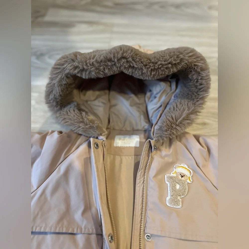 Paw Paw Baby Hooded Winter Coat Beige Teddy Bear Patch Size‎ 100 (18–24M)